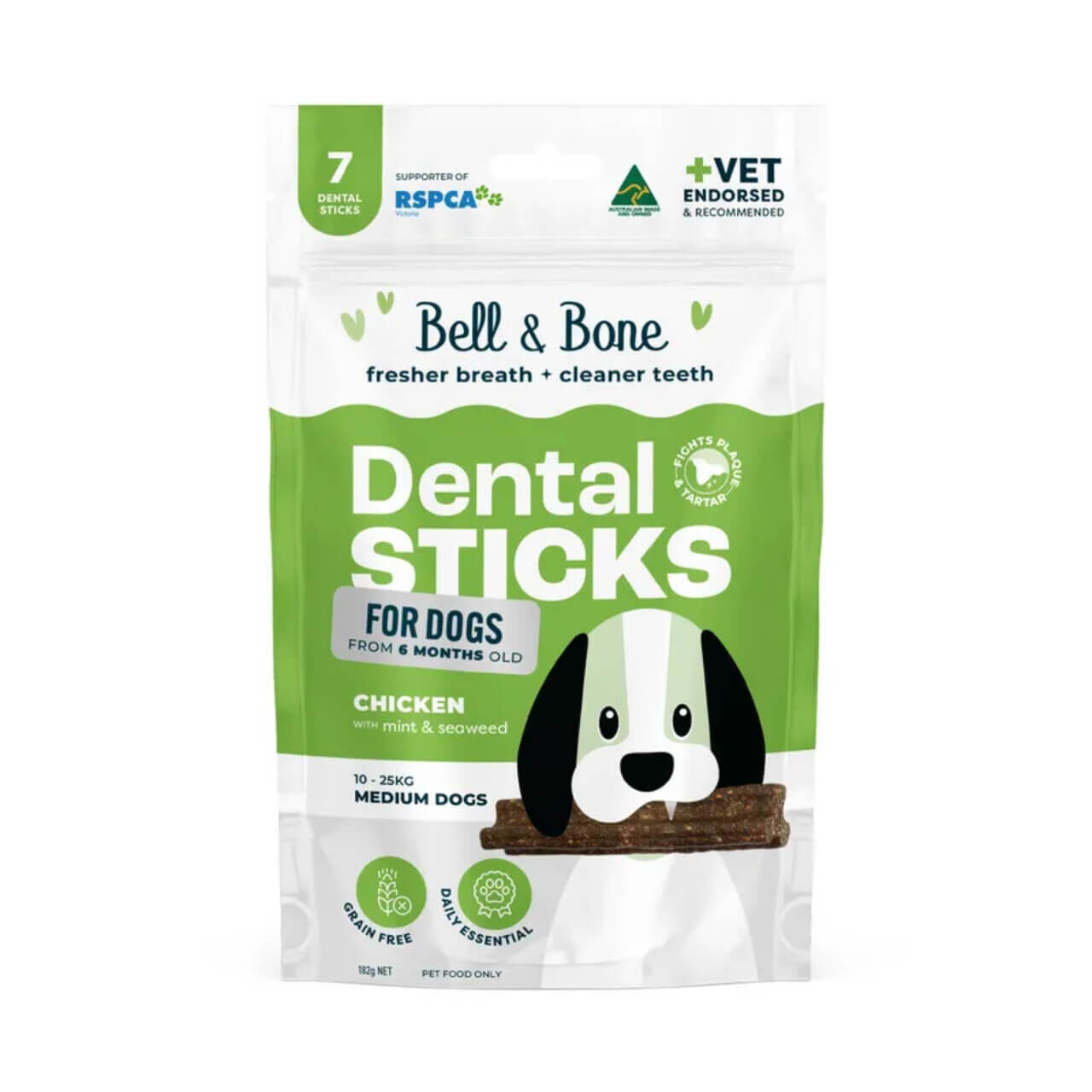 Bell & Bone Dental Sticks Dog Treats Chicken Mint & Seaweed 182g (Medium Dogs 1025kg)
