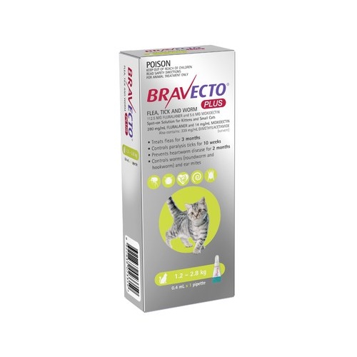 Bravecto PLUS SPOT-ON for Cats 1.2-2.8kg - Green (3 Months)