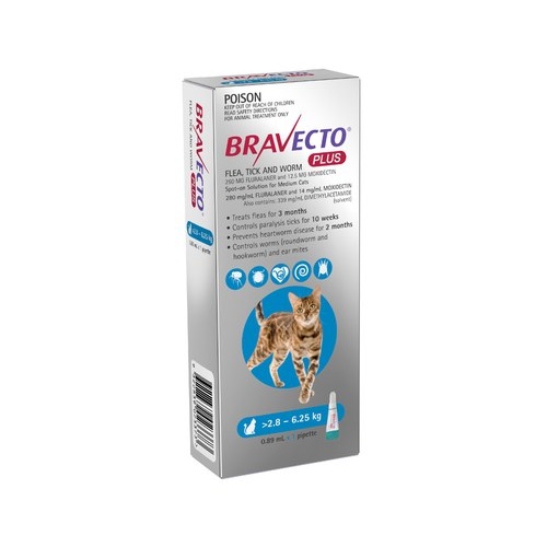 Bravecto PLUS SPOT-ON for Cats 2.8-6.25kg - Blue (3 Months)