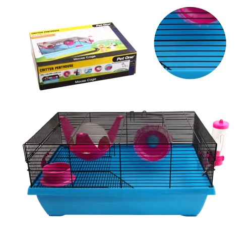 Pet One Critter Penthouse Mouse Wire Cage - 50L X 36.5W X 24cm H - Blue/Pink