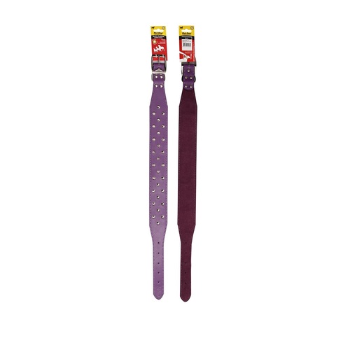 Pet One Three Row Studded Leather Dog Collar - 55cm - Purple