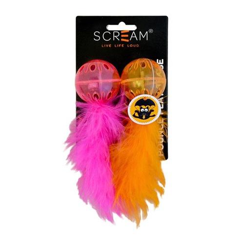 Scream Lattice Ball with Feather Cat Toy - 2 Pack - Orange & Pink