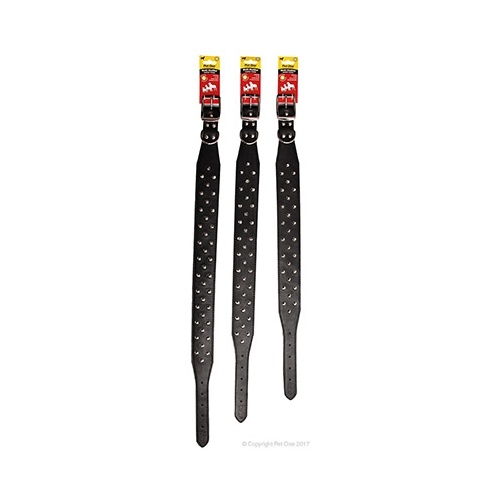 Pet One Three Row Studded Leather Dog Collar - Black