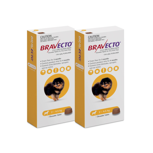 Bravecto for X-Small Dogs 2-4.5 kg - Yellow - 2 TABLETS (6 months)